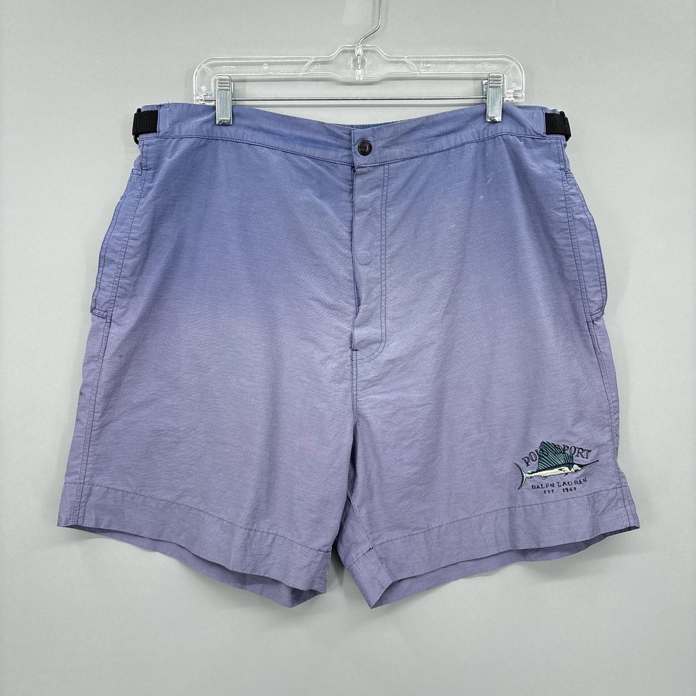 VTG Polo Sport Ralph Lauren Shorts Mens Large Blue Purple Ombre Swim Trunks Fish